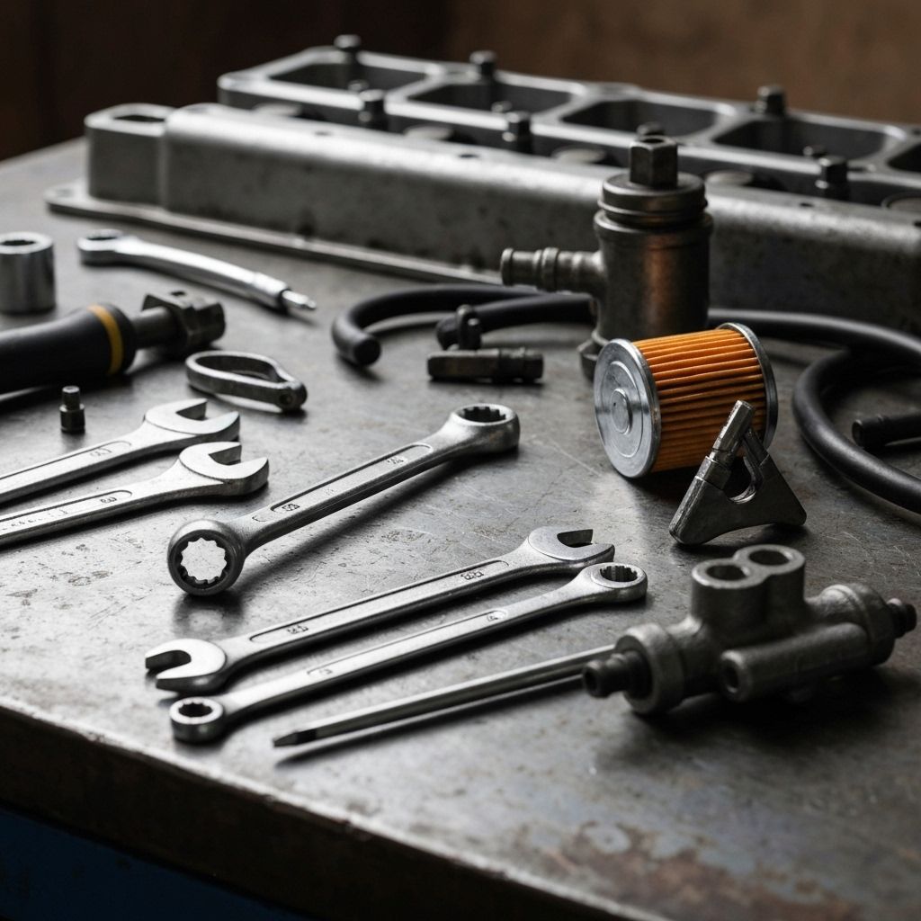 Closeup of tools and parts on a workbench